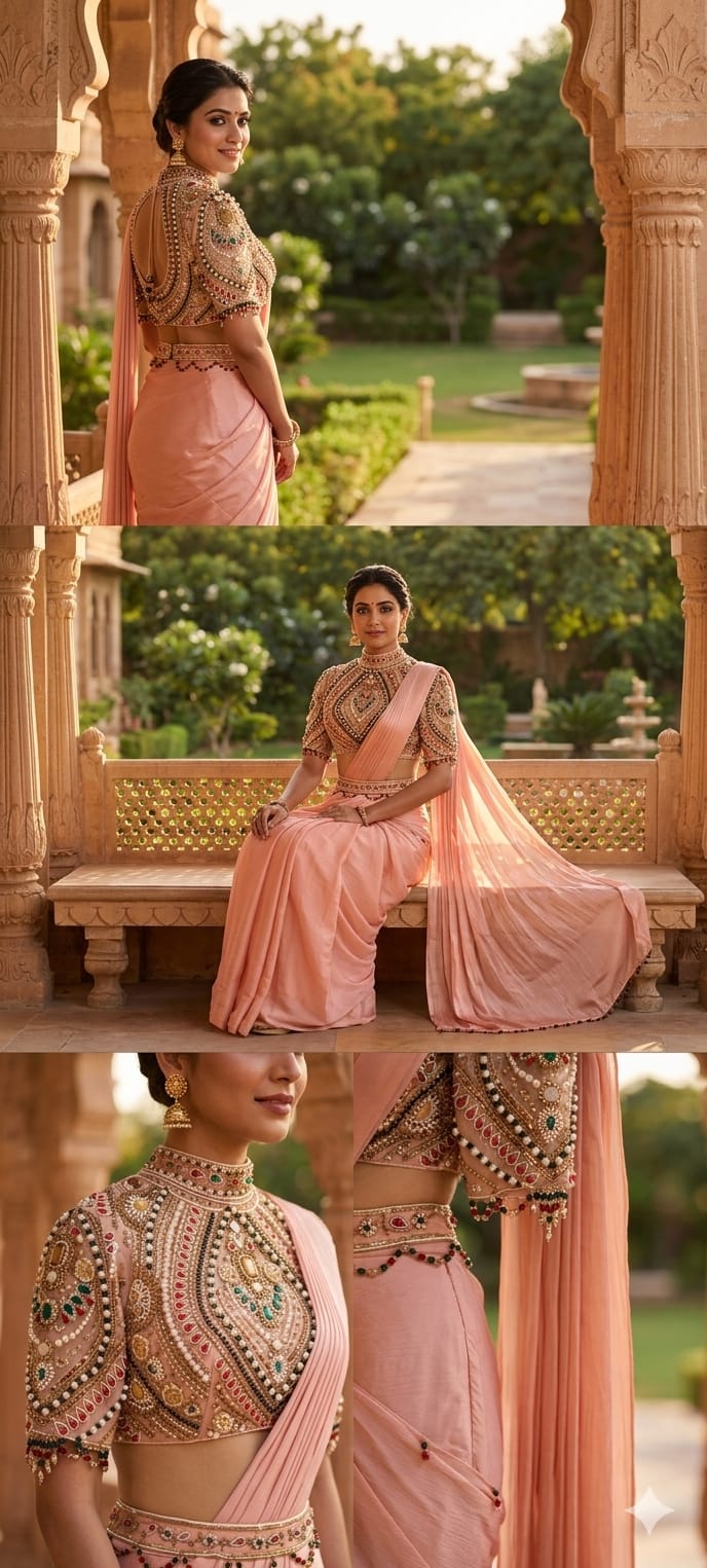 Elegant Pre-Draped Partywear Luxury Hand-Embroidered Designer Saree with Heavy Stone & Zardosi Work Blouse- 14525 RB349
