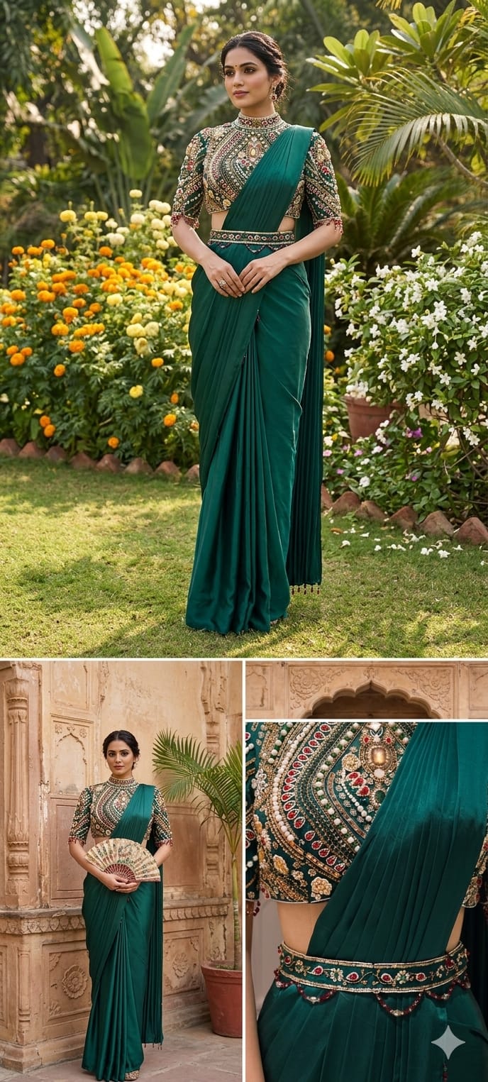 Elegant Pre-Draped Partywear Luxury Hand-Embroidered Designer Saree with Heavy Stone & Zardosi Work Blouse- 14525 RB349