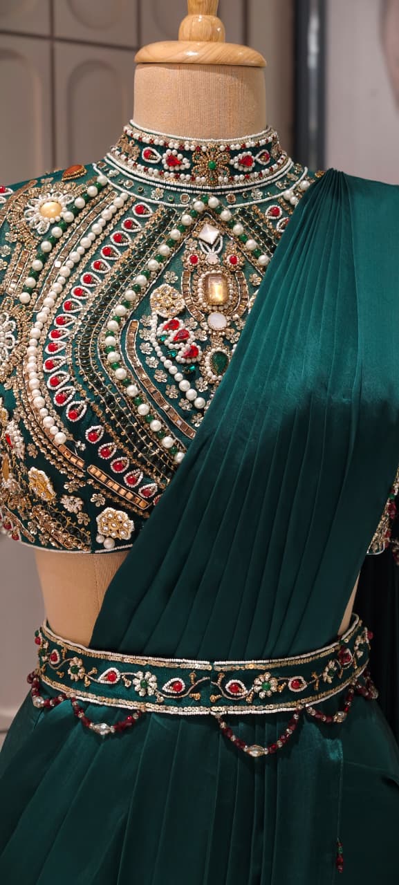 Elegant Pre-Draped Partywear Luxury Hand-Embroidered Designer Saree with Heavy Stone & Zardosi Work Blouse- 14525 RB349