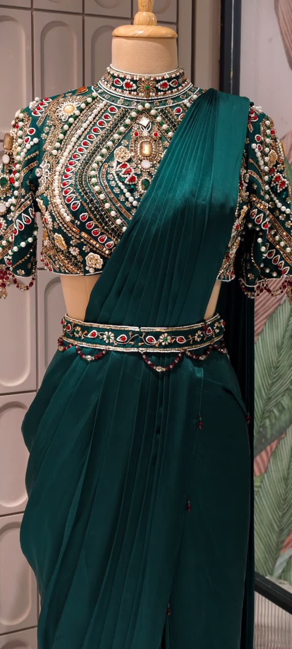 Elegant Pre-Draped Partywear Luxury Hand-Embroidered Designer Saree with Heavy Stone & Zardosi Work Blouse- 14525 RB349