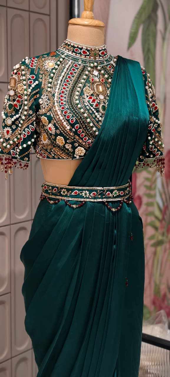 Elegant Pre-Draped Partywear Luxury Hand-Embroidered Designer Saree with Heavy Stone & Zardosi Work Blouse- 14525 RB349