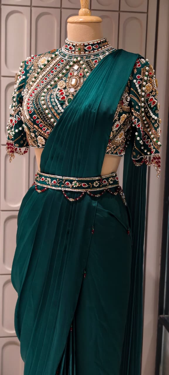 Elegant Pre-Draped Partywear Luxury Hand-Embroidered Designer Saree with Heavy Stone & Zardosi Work Blouse- 14525 RB349