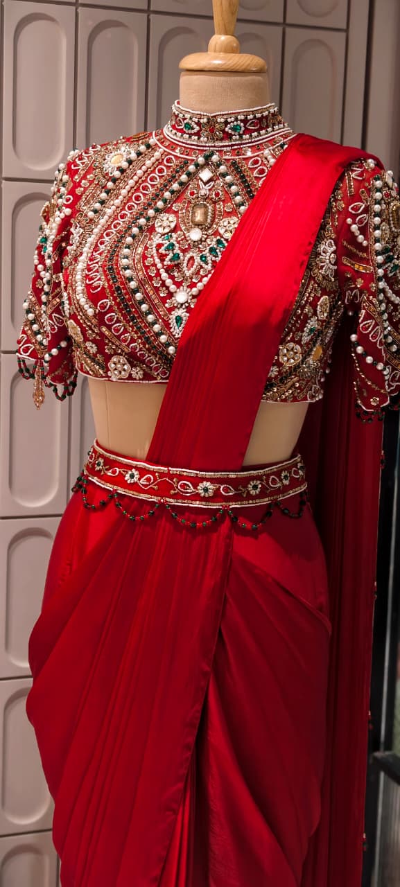 Elegant Pre-Draped Partywear Luxury Hand-Embroidered Designer Saree with Heavy Stone & Zardosi Work Blouse- 14525 RB349