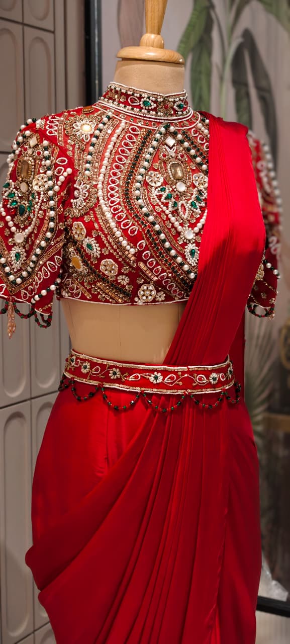 Elegant Pre-Draped Partywear Luxury Hand-Embroidered Designer Saree with Heavy Stone & Zardosi Work Blouse- 14525 RB349