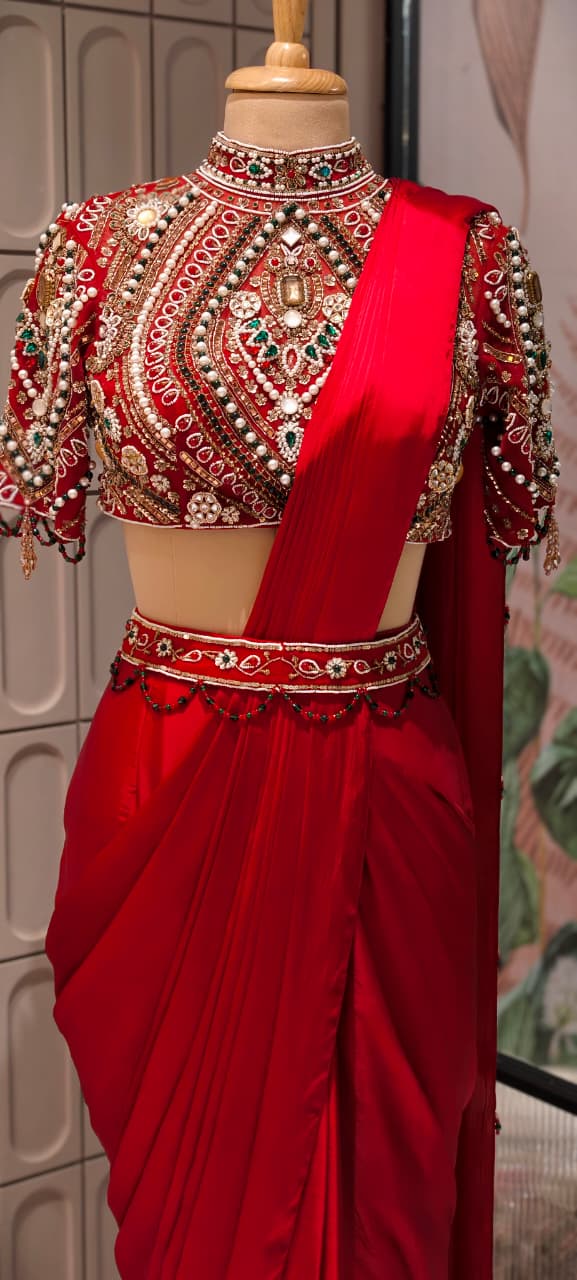 Elegant Pre-Draped Partywear Luxury Hand-Embroidered Designer Saree with Heavy Stone & Zardosi Work Blouse- 14525 RB349