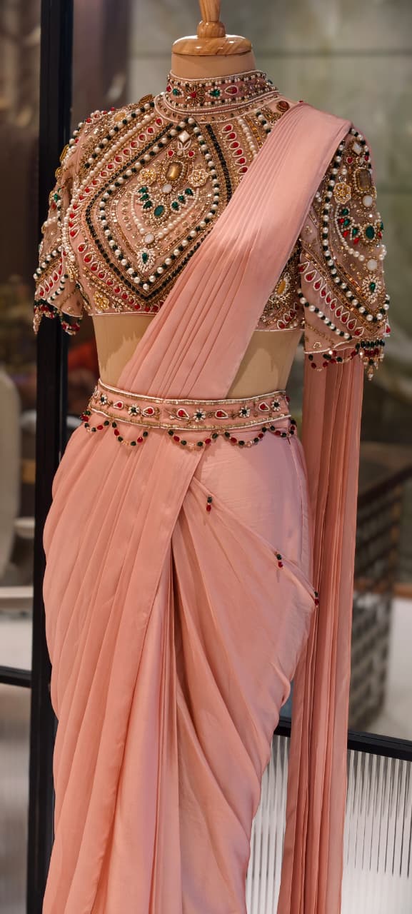 Elegant Pre-Draped Partywear Luxury Hand-Embroidered Designer Saree with Heavy Stone & Zardosi Work Blouse- 14525 RB349