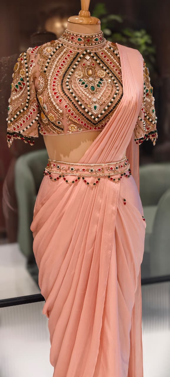 Elegant Pre-Draped Partywear Luxury Hand-Embroidered Designer Saree with Heavy Stone & Zardosi Work Blouse- 14525 RB349