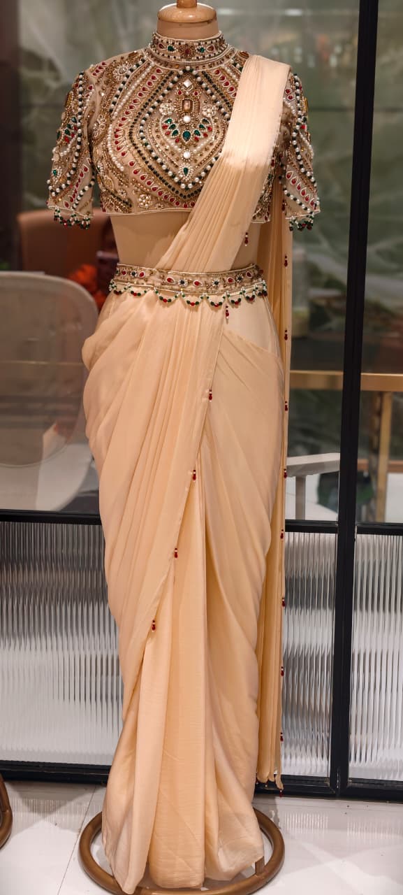Elegant Pre-Draped Partywear Luxury Hand-Embroidered Designer Saree with Heavy Stone & Zardosi Work Blouse- 14525 RB349
