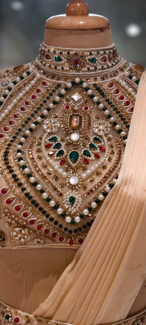Elegant Pre-Draped Partywear Luxury Hand-Embroidered Designer Saree with Heavy Stone & Zardosi Work Blouse- 14525 RB349