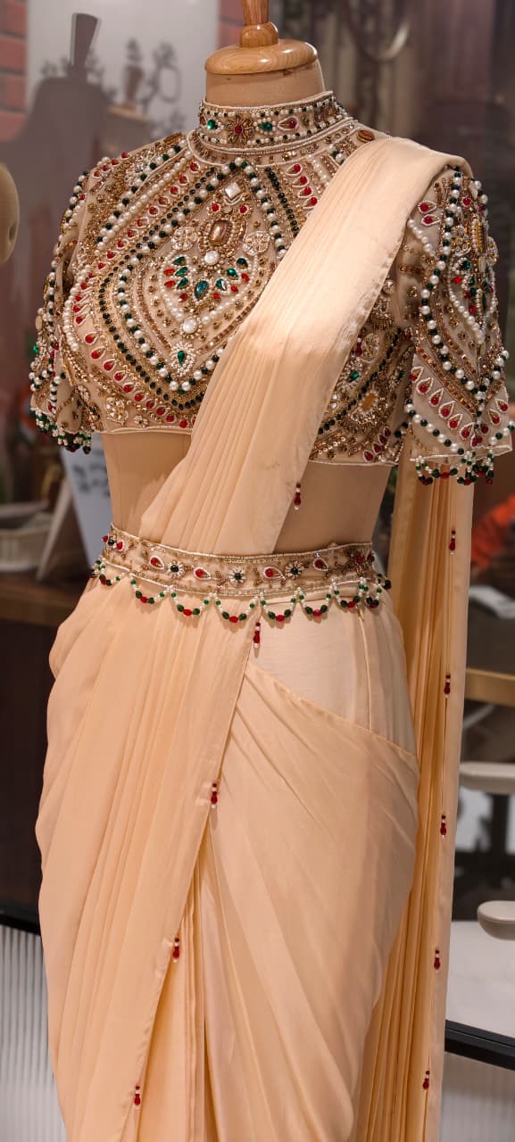 Elegant Pre-Draped Partywear Luxury Hand-Embroidered Designer Saree with Heavy Stone & Zardosi Work Blouse- 14525 RB349