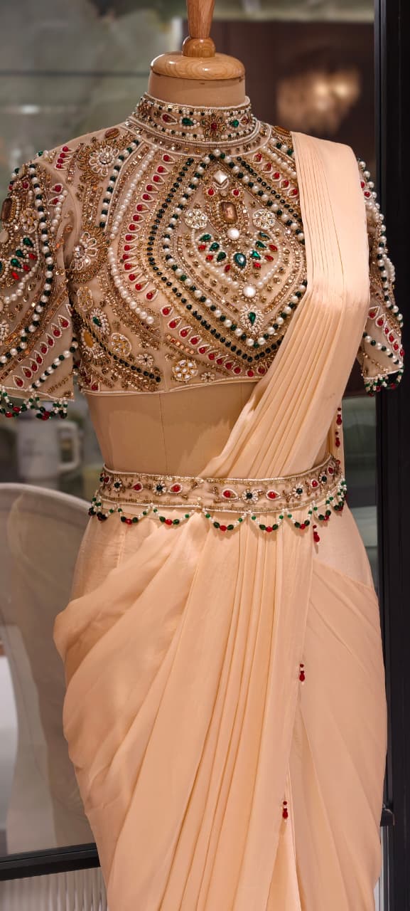Elegant Pre-Draped Partywear Luxury Hand-Embroidered Designer Saree with Heavy Stone & Zardosi Work Blouse- 14525 RB349