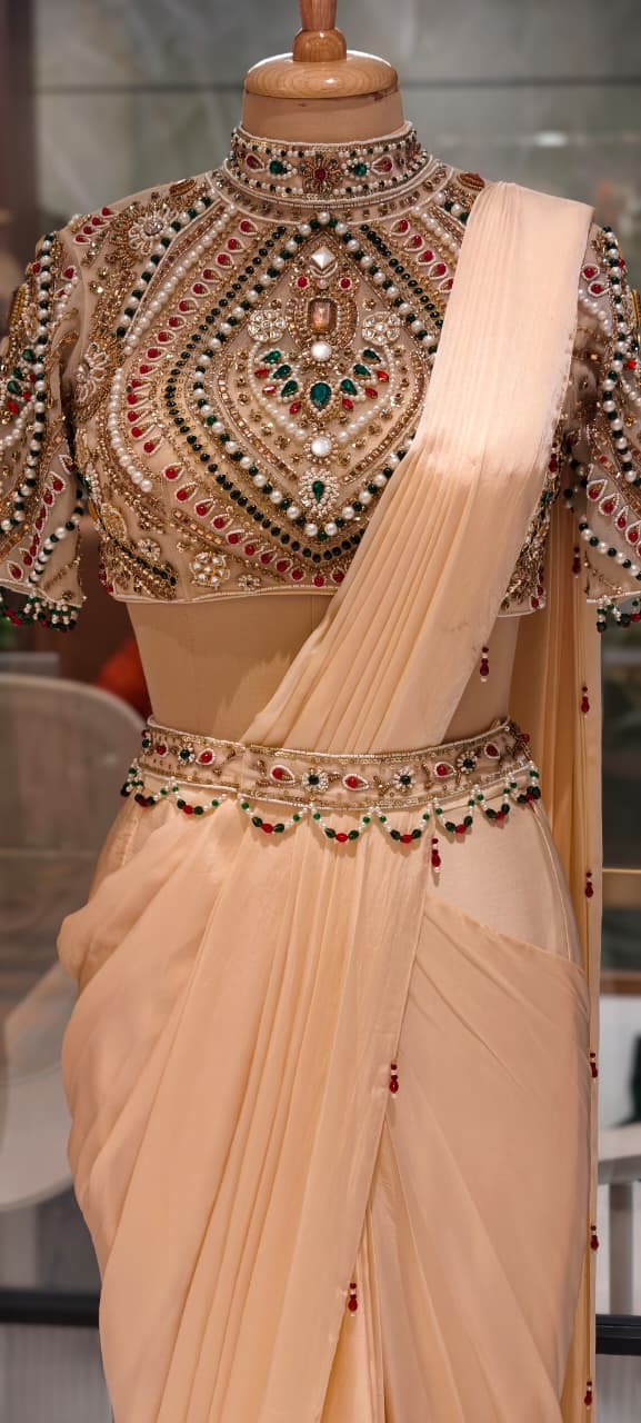 Elegant Pre-Draped Partywear Luxury Hand-Embroidered Designer Saree with Heavy Stone & Zardosi Work Blouse- 14525 RB349