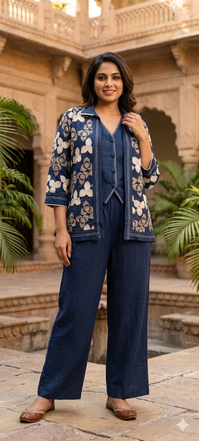 Fine Floral Thread Embroidery Attached Jacket Look Cotton Co-Ord Sets- 14601 RB361