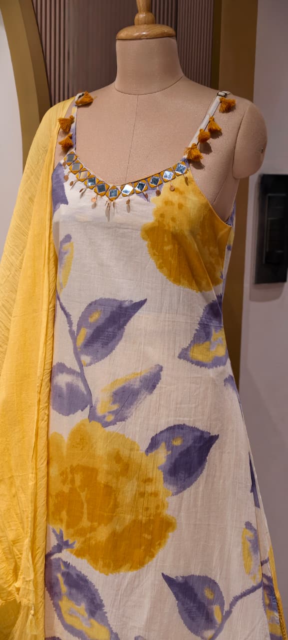 Floral Water Mark Print Boho Neck Line Sleeveless A-Line Full Suit Set With Dupatta- 14567 RB368