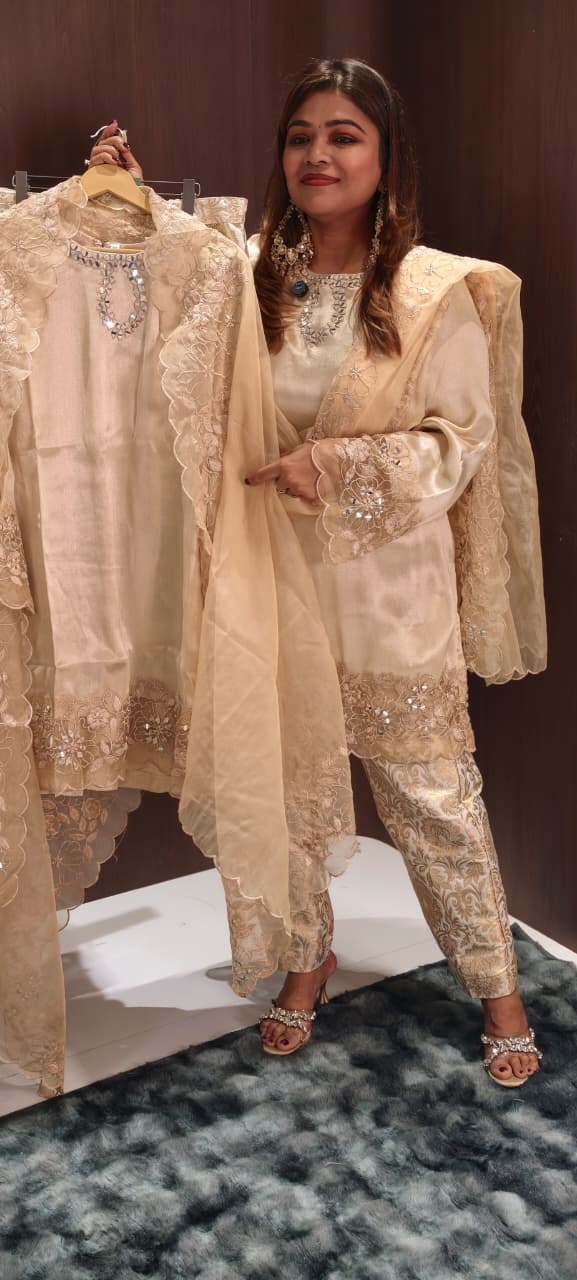 Royal Real Mirror Touch Silken Classy Kurta With Brocade Bottom & Organza Cut Work Dupatta- 14578 RB351
