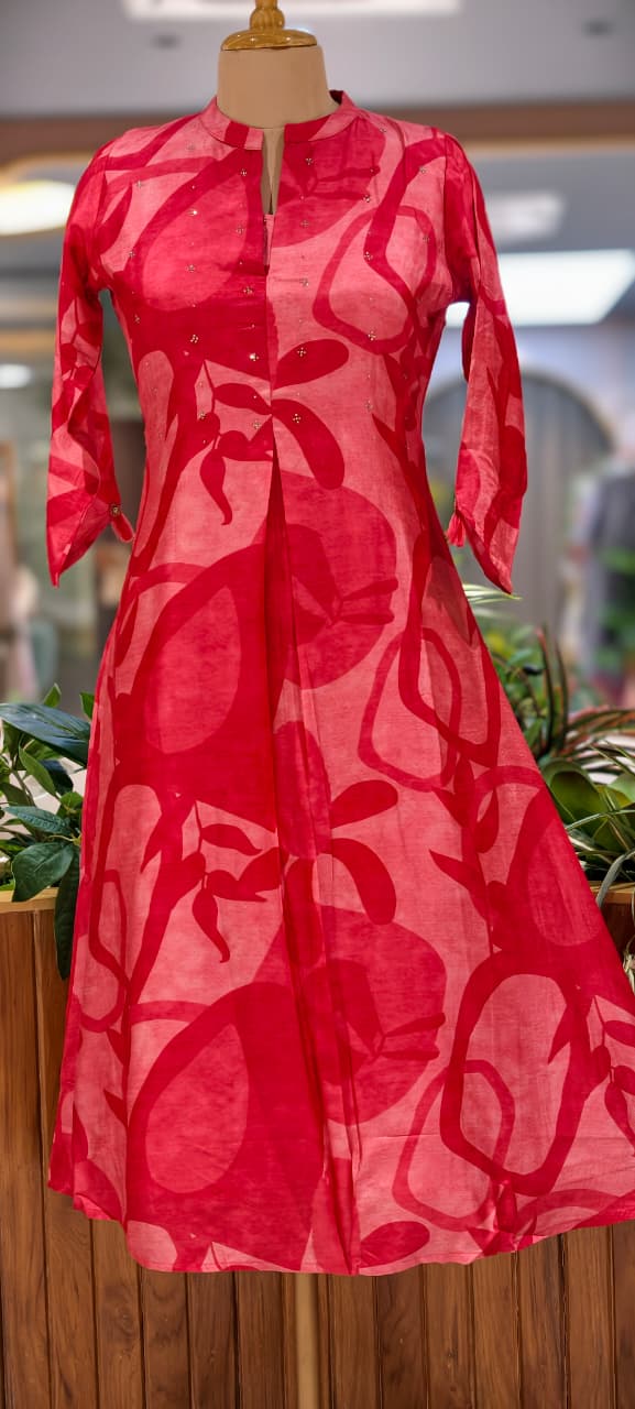 Mossaic Print Ballon Sleeve A-Line Silk A-Line Frock With Stone Touch- 14622 RB356