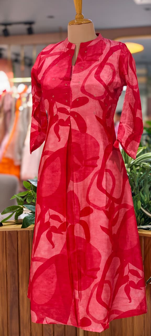 Mossaic Print Ballon Sleeve A-Line Silk A-Line Frock With Stone Touch- 14622 RB356