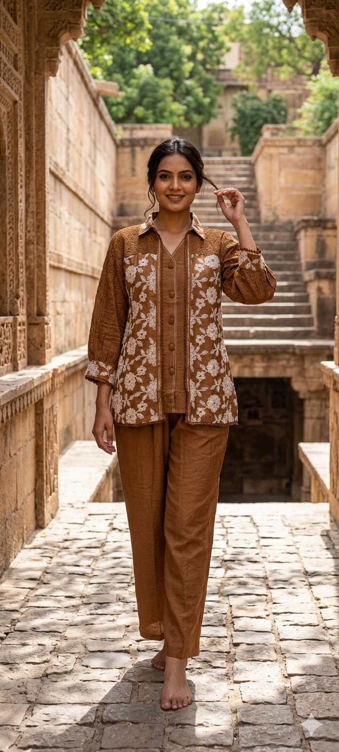 Fine Floral Thread Embroidery Attached Jacket Look Cotton Co-Ord Sets- 14601 RB361