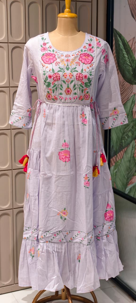 Intricate Multicolor Floral Embroidery Yoke Flared Pleated Mul Cotton Long Frock- 14671 RB409
