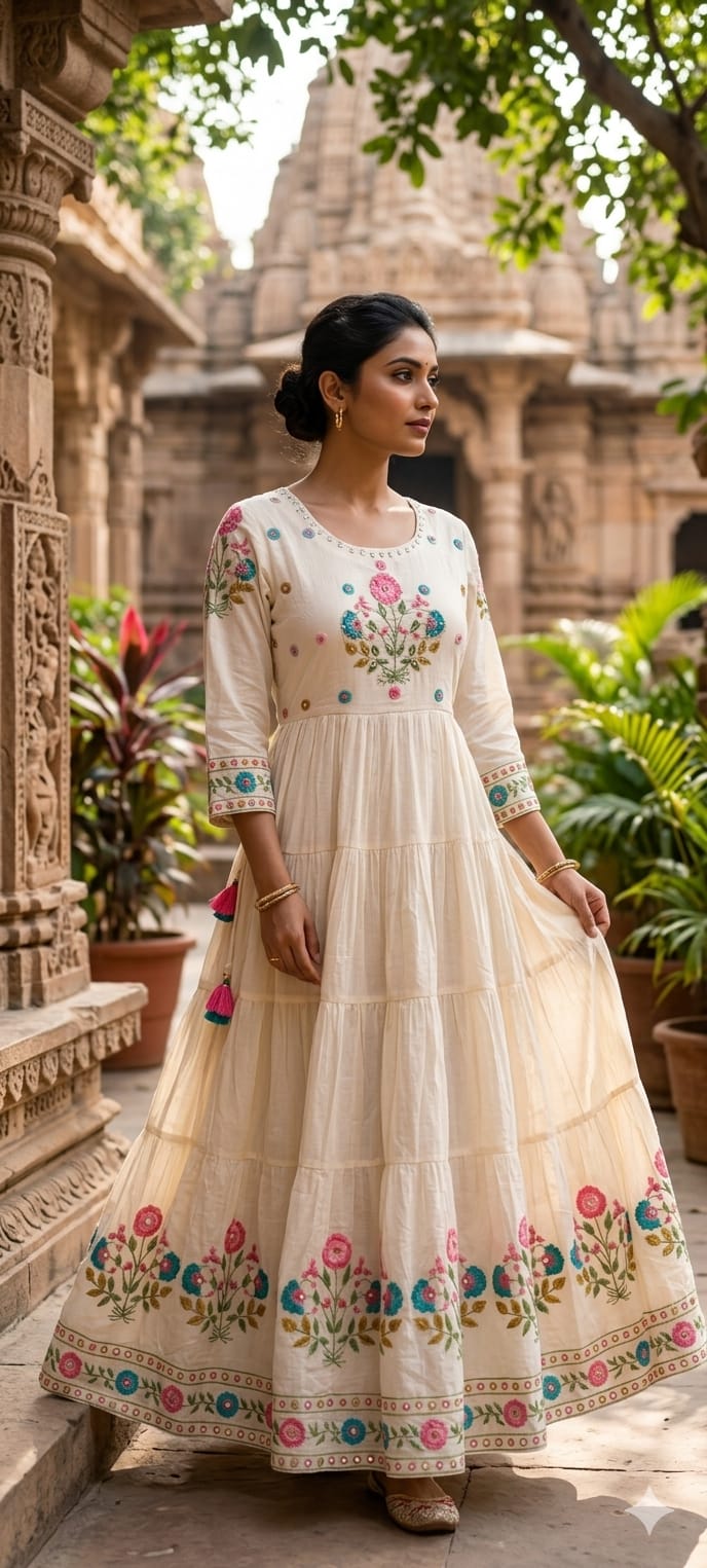 Multicolor Thread Embroidery Sequin Upwork Pastel Shade Multi Layers Plated Mul Cotton Ankle Length Frock-14672 RB407