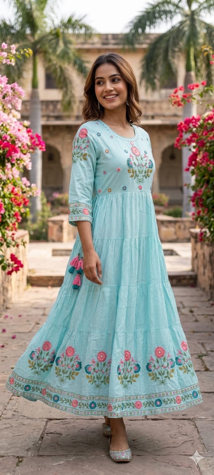 Multicolor Thread Embroidery Sequin Upwork Pastel Shade Multi Layers Plated Mul Cotton Ankle Length Frock-14672 RB407