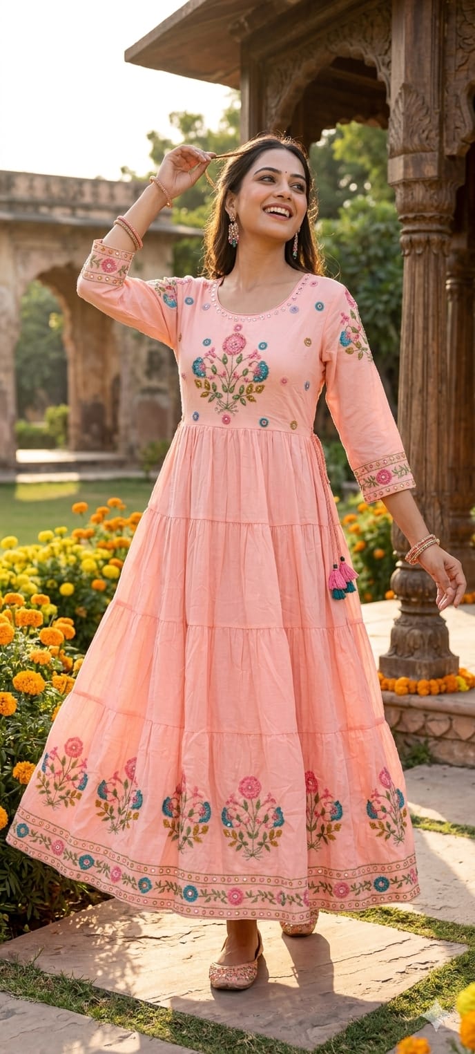 Multicolor Thread Embroidery Sequin Upwork Pastel Shade Multi Layers Plated Mul Cotton Ankle Length Frock-14672 RB407