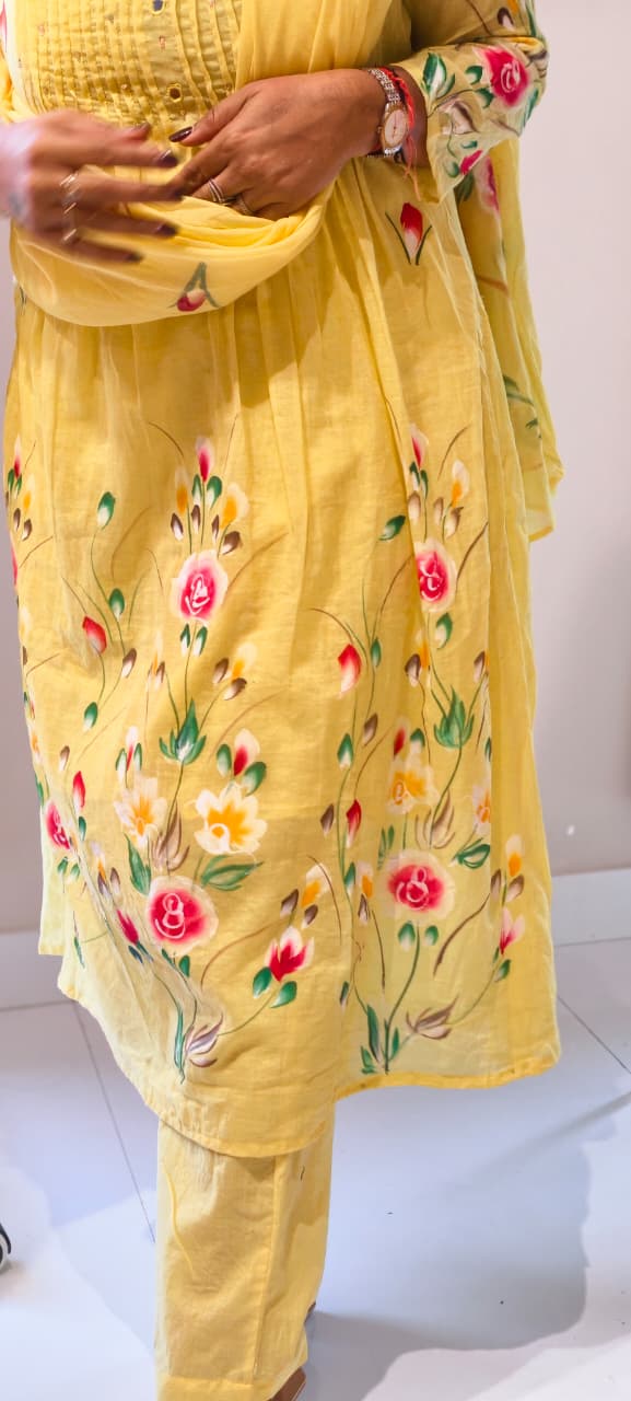Floral Gardenia Blossom Print Pleated Yoke A-Line Mul Cotton Full Suit Set With Dupatta- 14737 RB388