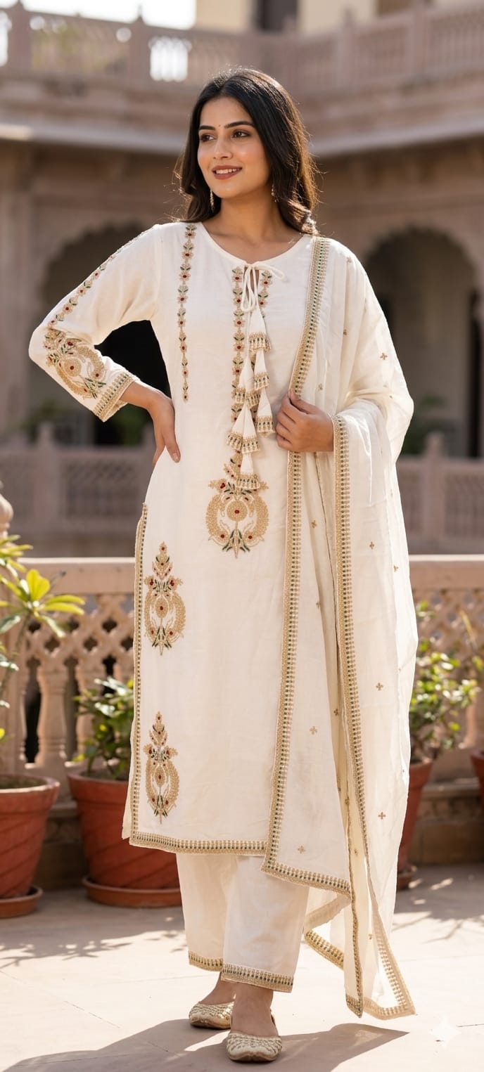 Golden Touch Pure Zardosi Work Embroidery Occasional Wear Mul-Cotton Full Suit Set With Dupatta- 14731 RB389