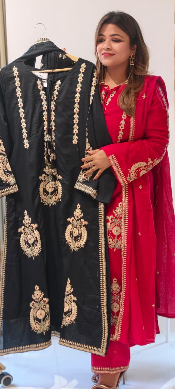 Golden Touch Pure Zardosi Work Embroidery Occasional Wear Mul-Cotton Full Suit Set With Dupatta- 14731 RB389