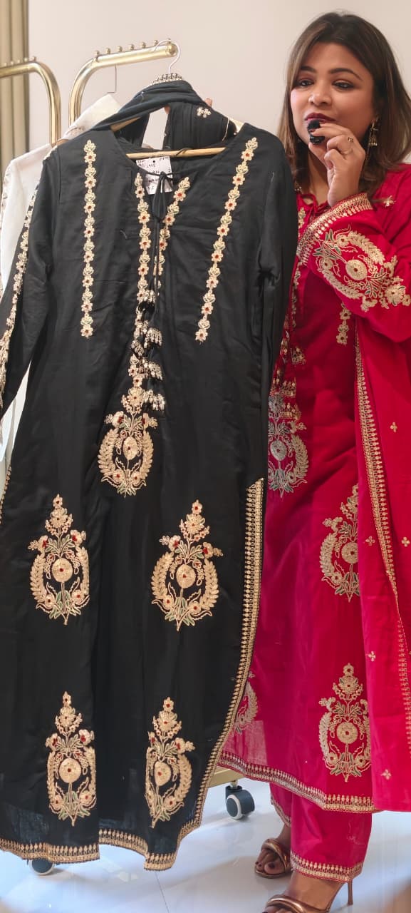 Golden Touch Pure Zardosi Work Embroidery Occasional Wear Mul-Cotton Full Suit Set With Dupatta- 14731 RB389