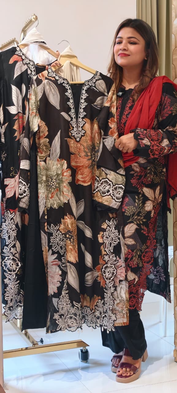 Pure Pakistani Look Floral Embroidery With Cut-Work Tassel Bold German Rayon Full Suit Set With Dupatta- 14674 RB386