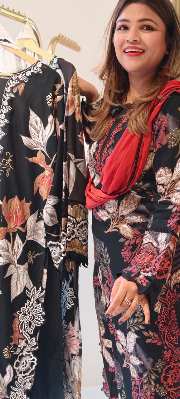Pure Pakistani Look Floral Embroidery With Cut-Work Tassel Bold German Rayon Full Suit Set With Dupatta- 14674 RB386