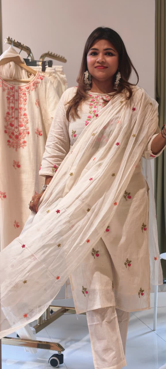 Ethereal Off-White Kora Cotton Full Suit Set with Fine Floral Subtle Embroidery- 14690 (Lean Fit)RB387