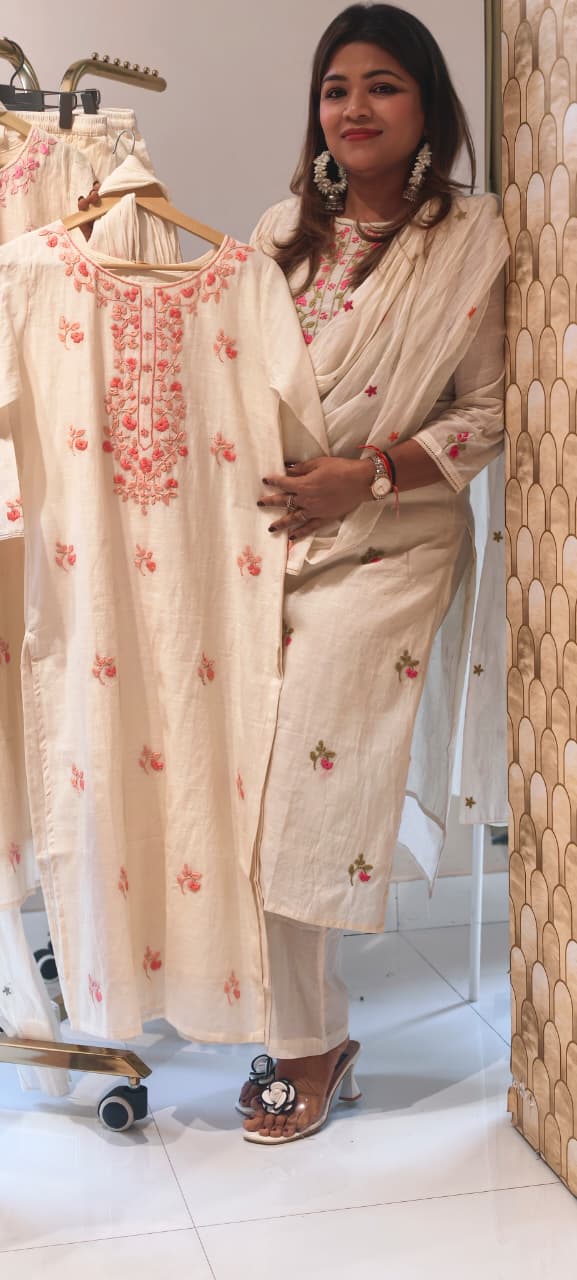 Ethereal Off-White Kora Cotton Full Suit Set with Fine Floral Subtle Embroidery- 14690 (Lean Fit)RB387