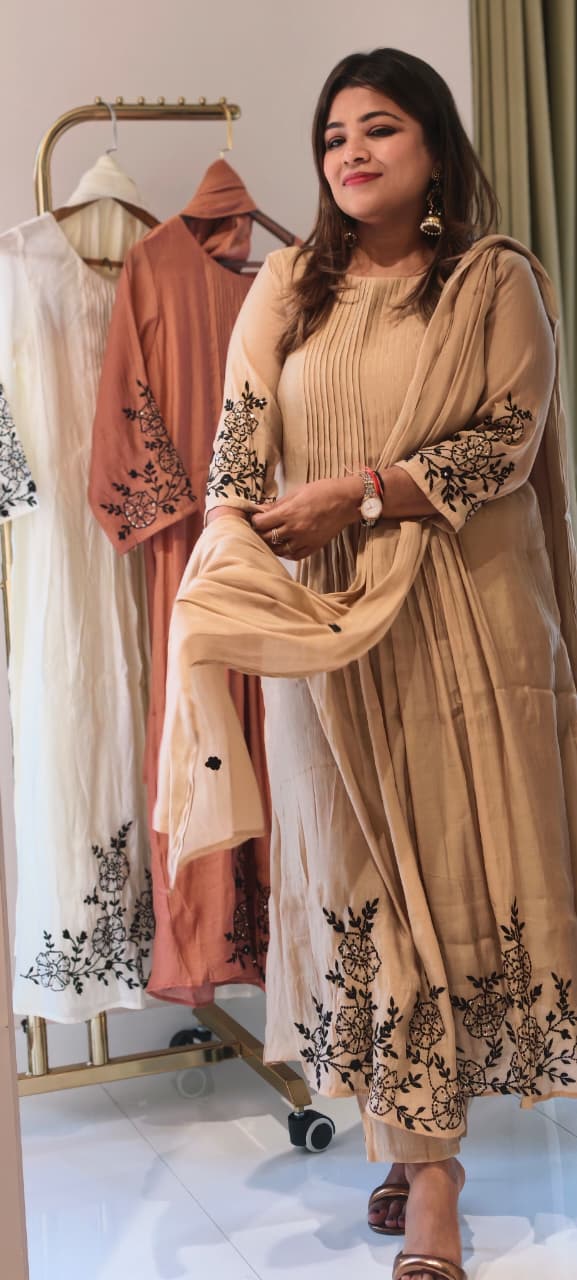 Surat Mul Chanderi Intricate Fine Embroidery Pleated A-Line Solid Full Suit Set With Dupatta- 14677 RB392