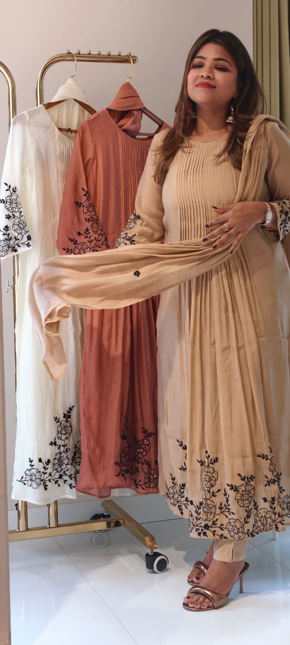Surat Mul Chanderi Intricate Fine Embroidery Pleated A-Line Solid Full Suit Set With Dupatta- 14677 RB392
