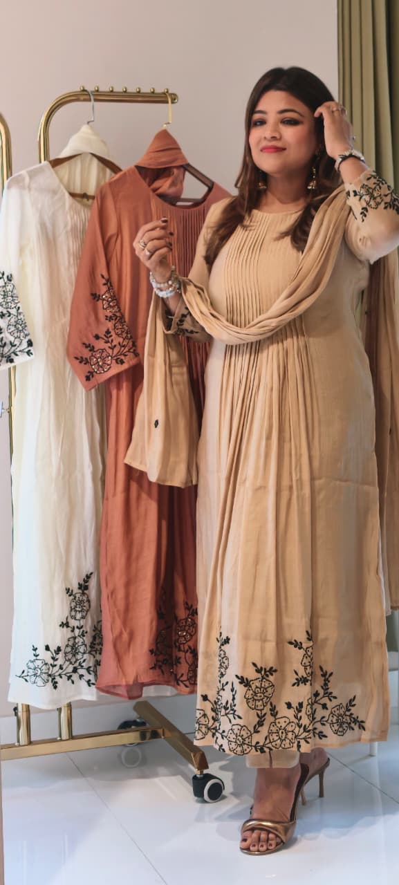 Surat Mul Chanderi Intricate Fine Embroidery Pleated A-Line Solid Full Suit Set With Dupatta- 14677 RB392