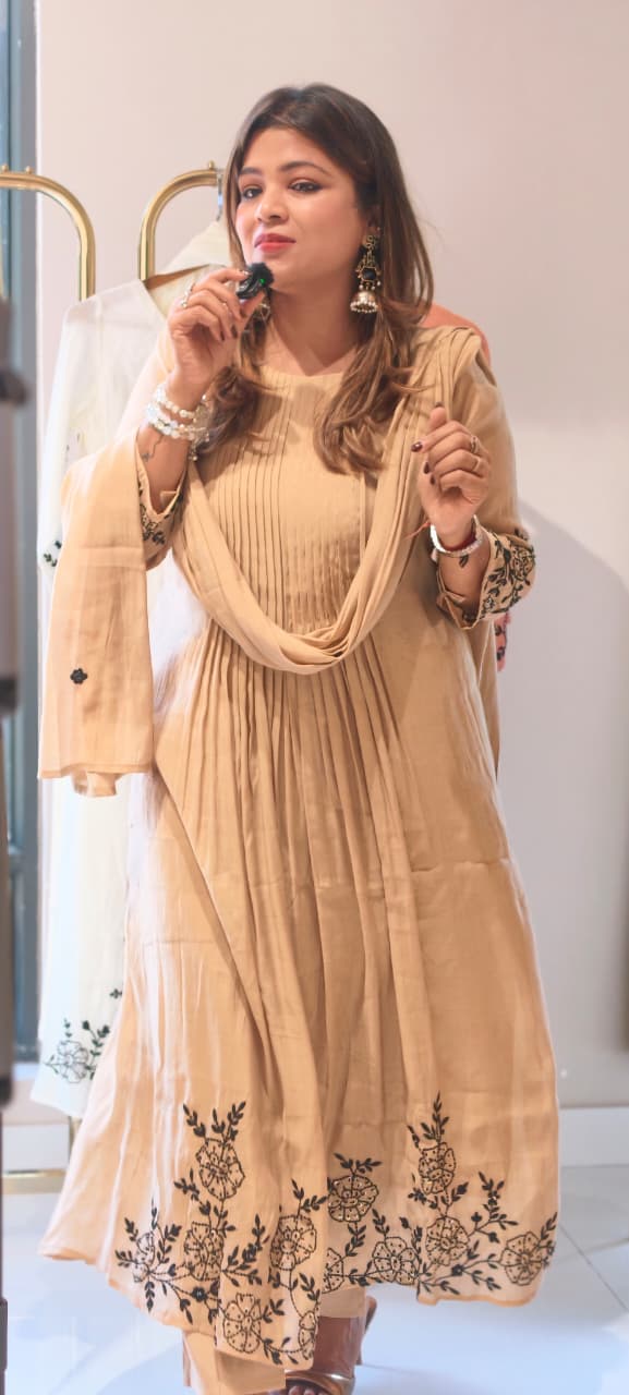 Surat Mul Chanderi Intricate Fine Embroidery Pleated A-Line Solid Full Suit Set With Dupatta- 14677 RB392