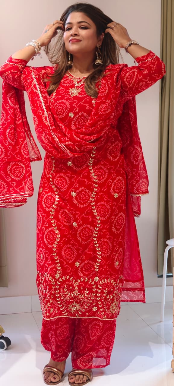 Premium Georgette Pure Gotta Patti Work Vibrant Bandhej Full Suit Set With Dupatta- 14539 RB385