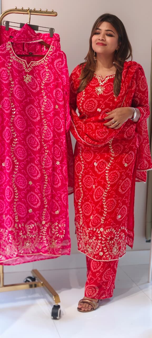 Premium Georgette Pure Gotta Patti Work Vibrant Bandhej Full Suit Set With Dupatta- 14539 RB385