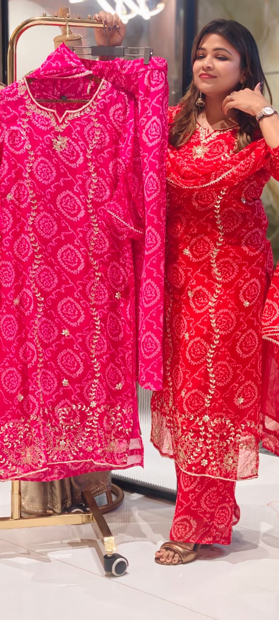 Premium Georgette Pure Gotta Patti Work Vibrant Bandhej Full Suit Set With Dupatta- 14539 RB385