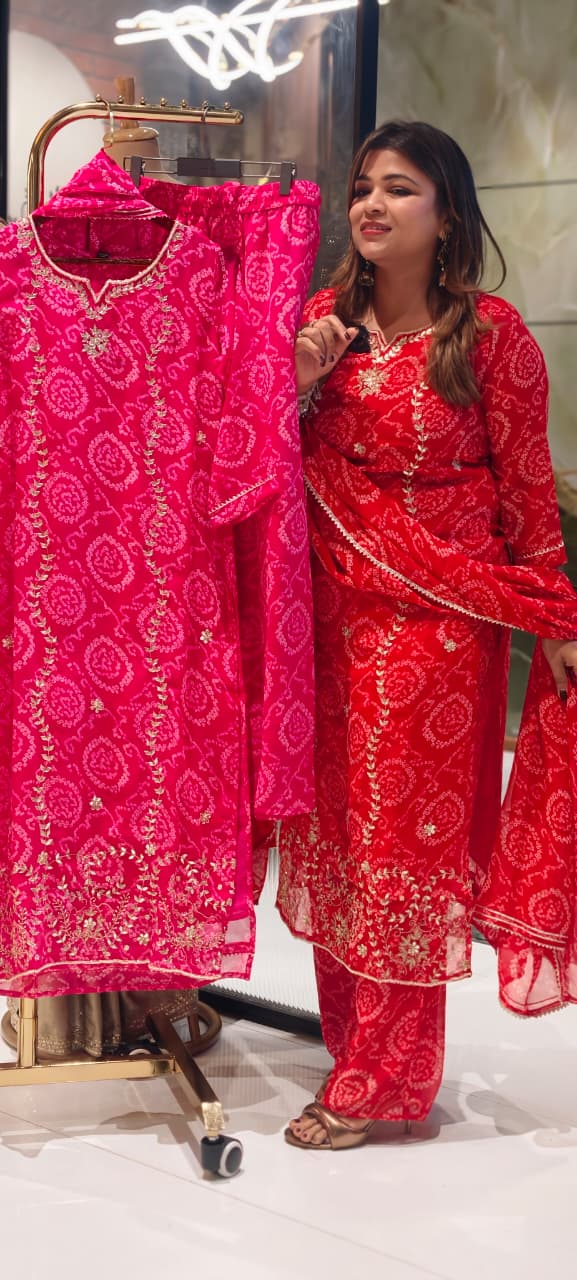 Premium Georgette Pure Gotta Patti Work Vibrant Bandhej Full Suit Set With Dupatta- 14539 RB385