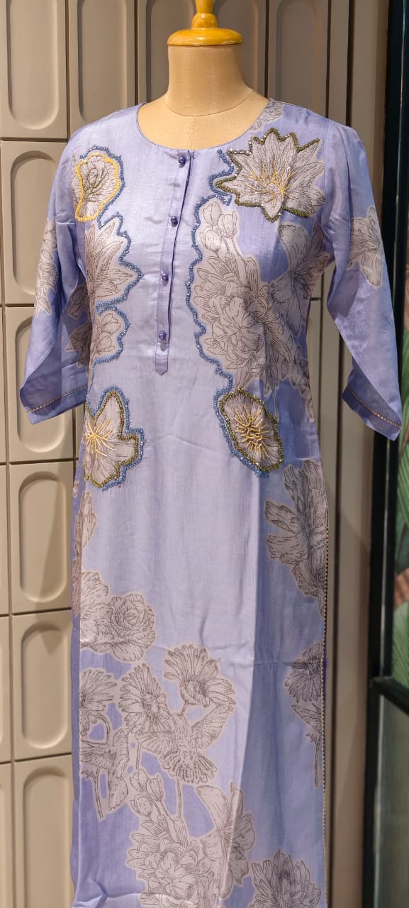 Aqua Bloom Digital Print Shimmer Glitter Highlights Russian Silk Kurti Only- 14703 RB382