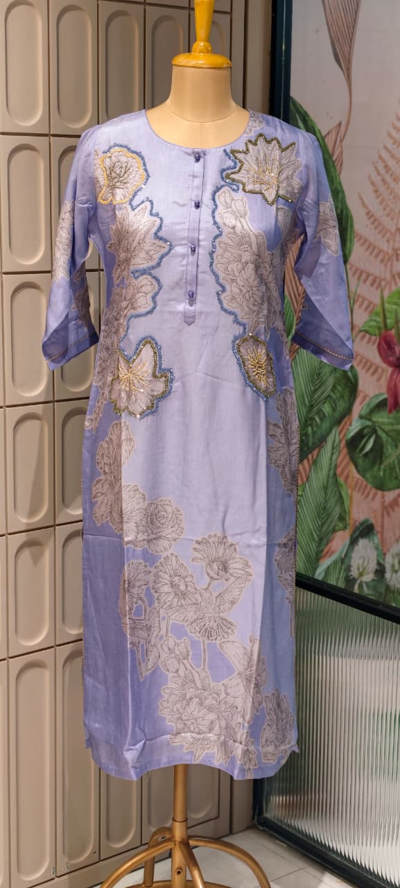 Aqua Bloom Digital Print Shimmer Glitter Highlights Russian Silk Kurti Only- 14703 RB382