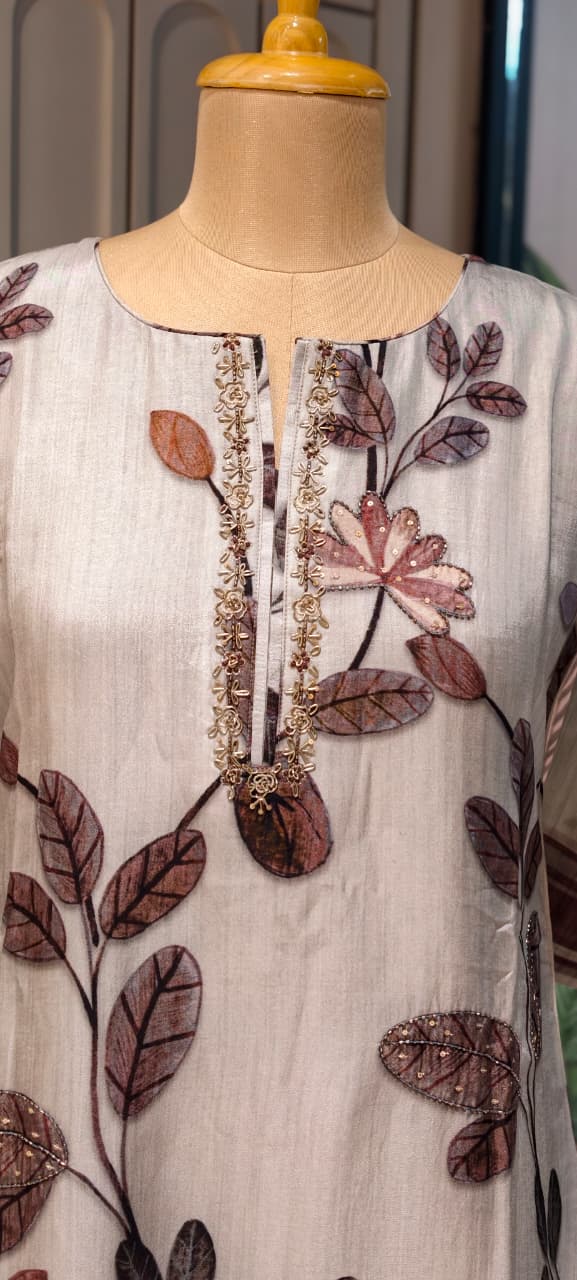 Zardosi Neckline Blossom Floral Print Russian Casual Wear Silk Kurti Only- 14717 RB384 LEAN FIT BOOK NEXT SIZE