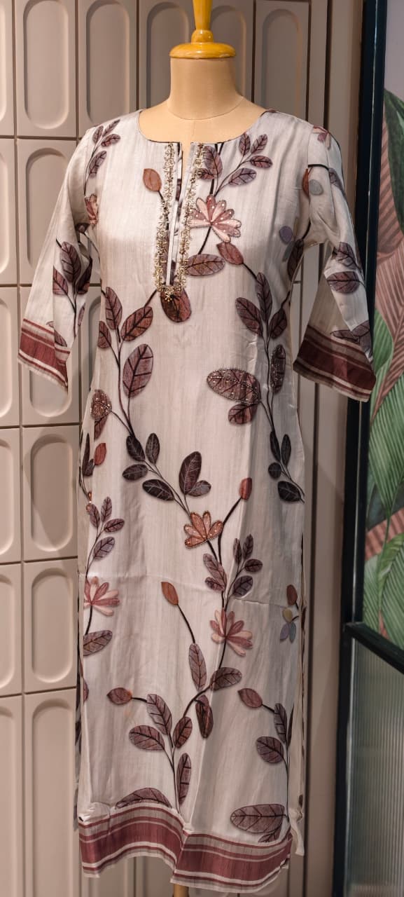 Zardosi Neckline Blossom Floral Print Russian Casual Wear Silk Kurti Only- 14717 RB384 LEAN FIT BOOK NEXT SIZE