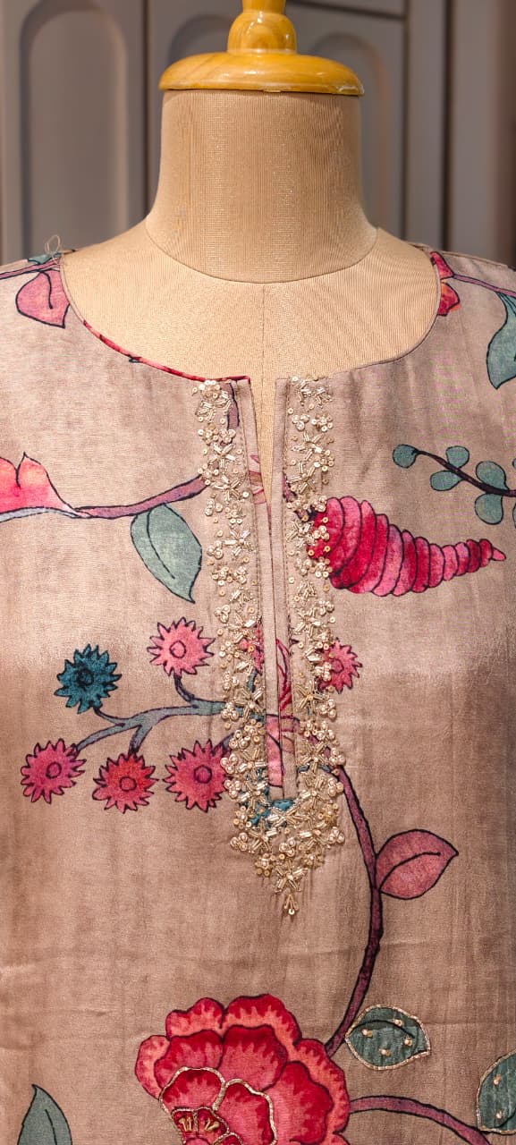 Zardosi Neckline Blossom Floral Print Russian Casual Wear Silk Kurti Only- 14717 RB384 LEAN FIT BOOK NEXT SIZE