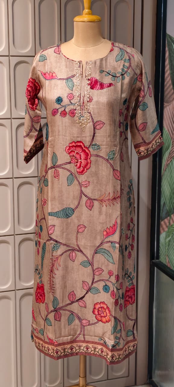 Zardosi Neckline Blossom Floral Print Russian Casual Wear Silk Kurti Only- 14717 RB384 LEAN FIT BOOK NEXT SIZE