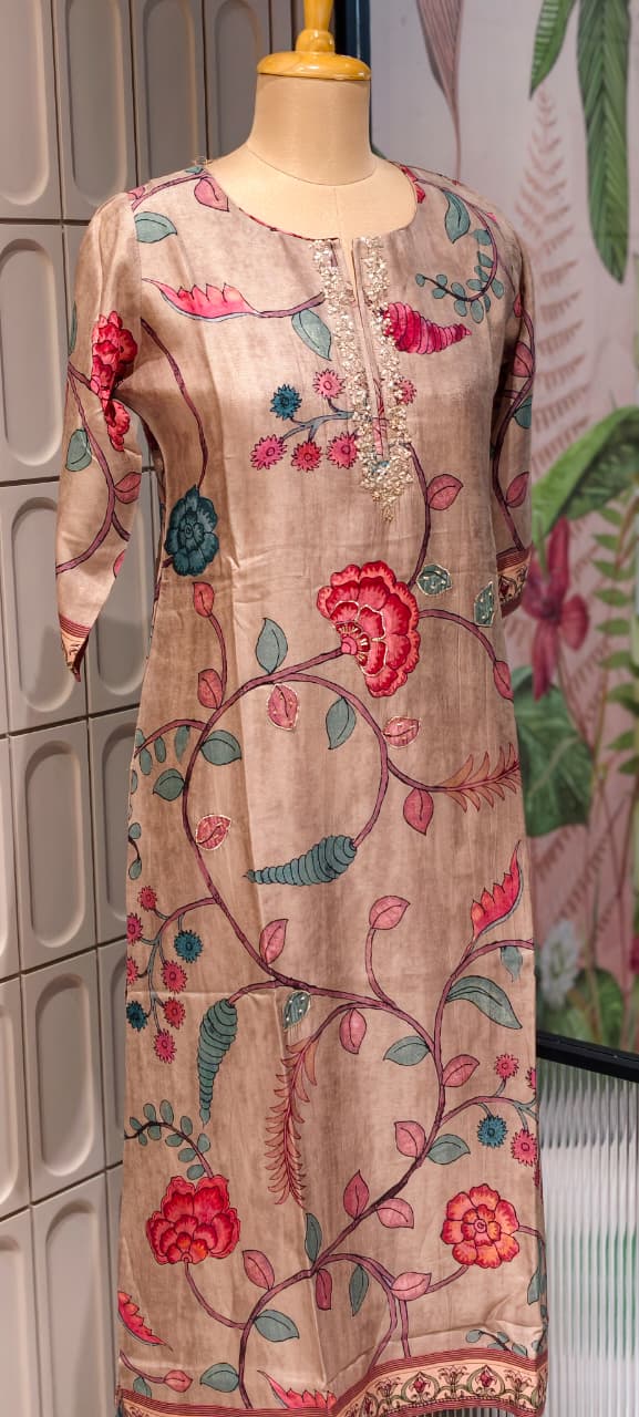 Zardosi Neckline Blossom Floral Print Russian Casual Wear Silk Kurti Only- 14717 RB384 LEAN FIT BOOK NEXT SIZE
