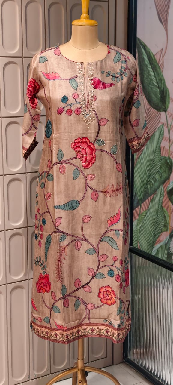 Zardosi Neckline Blossom Floral Print Russian Casual Wear Silk Kurti Only- 14717 RB384 LEAN FIT BOOK NEXT SIZE